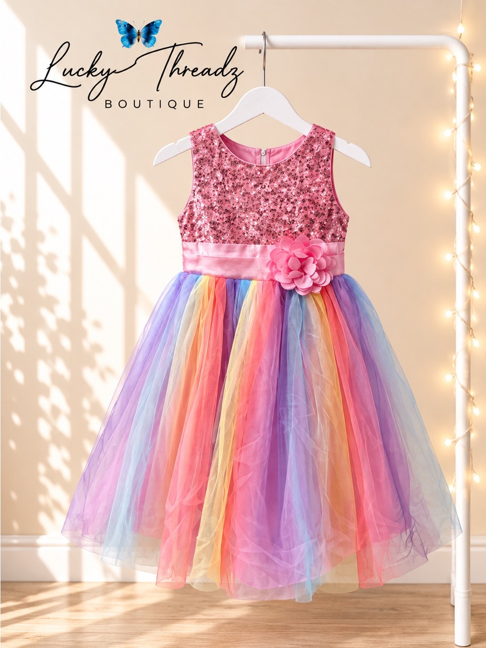 NWT Uhnice Girls 10-12 Pink Sequin Rainbow Tulle Party Dress 150